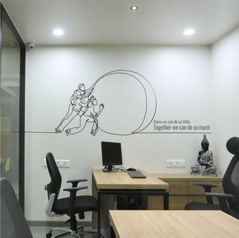 Graphic Designer Office Workspaces, Office Cafeteria Wall Design, Office Interior Design Creative Wall, Corporate Office Wall Design, Corporate Office Design Workspaces, Office Interior Design Creative, Office Wall Graphics, Small Office Design Interior, Office Graphics