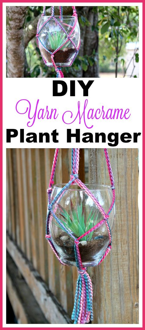 Yarn Macrame Plant Hanger- It's actually not difficult to make your own DIY yarn macrame plant hanger. The result is beautiful, and makes a great homemade gift! | DIY gift idea, macrame decor, plant pot holder, indoor gardening, garden, craft, macrame tutorial, macrame knots, colorful, bright, spring, summer, succulent pot holder, how to do macrame, how to make macrame Succulent Pots Diy, Diy Yarn Holder, How To Do Macrame, Yarn Macrame, Macrame Designs, Boho Yarn, Plant Pot Holder, Crochet Macrame, Macrame Plant Hanger Tutorial