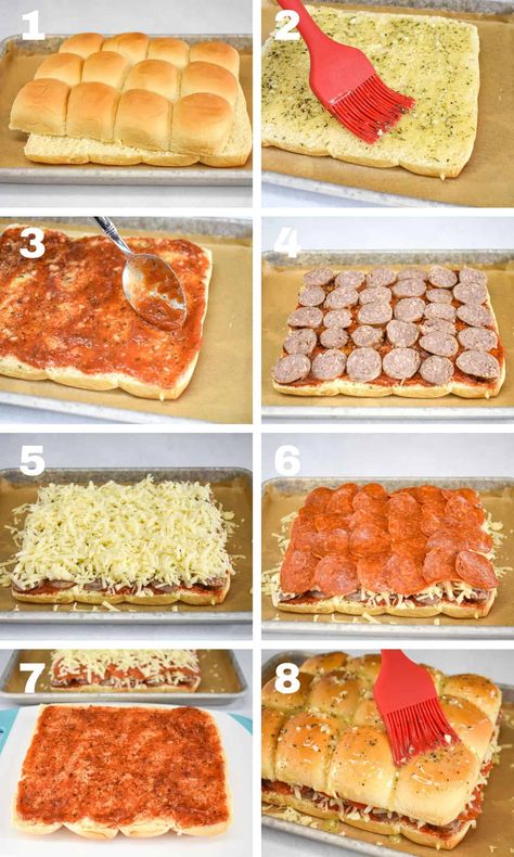 If you are looking for a crowd-pleasing appetizer, try these tasty pepperoni sausage pizza sliders. These easy mini sandwiches are layered with a homemade garlic sauce, red sauce, flavorful pepperoni, Italian sausage, and mozzarella cheese. They’re a quick and fun appetizer for game-day, movie night, or any night of the week. Italian Sausage Sliders, Pepperoni Sliders, Homemade Garlic Sauce, Pizza Sliders, Hawaiian Sliders, Pizza Pinwheels, Pizza Slider, Sausage Pizza, Crowd Pleasing Appetizers