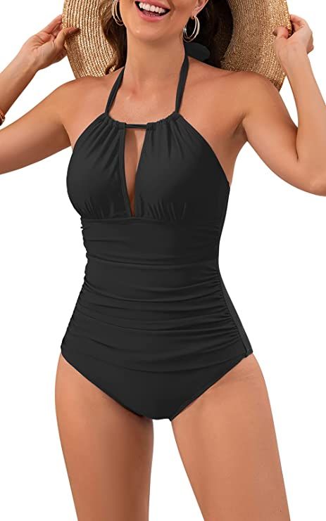 Women's Slimming One Piece Swimsuits Tummy Control Bathing Suit Halter Swimwear for Big Busted Curvy Woman Vintage Inspired Swimwear, Retro Swimwear, Halter Swimwear, Vintage Swimwear, Vintage Swimsuits, One Piece Swimsuits, Tie Design, Beachwear For Women, Black Swimsuit