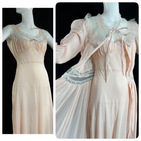 1940s Nightgown, Wedding Slip Dress, Bridal Slip Dress, Pale Pink Wedding, 1940s Vintage Dresses, Pale Pink Weddings, Slip Wedding Dress, Nightgown And Robe, Nightgown Robe