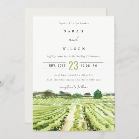 $2.72 | Watercolor Green Winery Vineyard Wedding Invite - vineyard, simple minimal, winery, destination wedding, watercolor, modern elegant, napa valley, tuscan, script calligraphy, wine tasting Wine Bridal Shower Invitations, Vineyard Engagement, Vineyard Wedding Invitations, Rehearsal Dinner Invite, Engagement Invite, Winery Vineyard, Bridal Shower Wine, Wedding Rehearsal Dinner Invitations, Watercolor Green