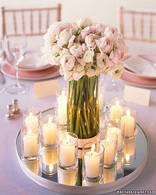 Party Resources: January 2011 Mirror Centerpiece, Flowers And Candles, Tafel Decor, Wedding Centerpieces Diy, Martha Stewart Weddings, Centre Pieces, Event Styling, Pink Wedding, Votive Candles