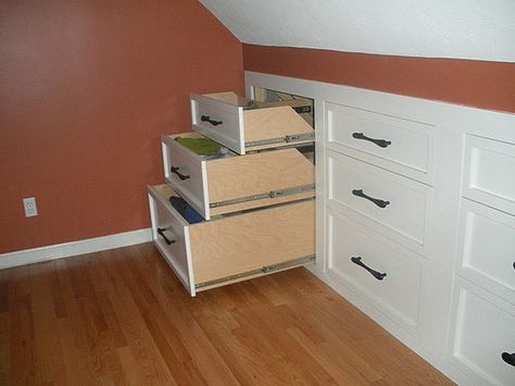 Awesome idea for rooms and attics that need to conserve space. Knee Wall Storage, Cozy Attic, Attic Closet, Built In Dresser, Knee Wall, Angled Ceilings, Loft Storage, Attic Bathroom, Attic Bedrooms