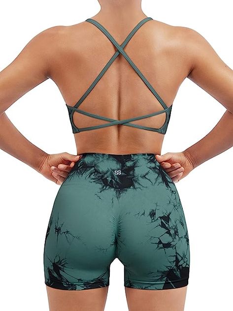 SUUKSESS Women Seamless Workout Sets Strappy Sports Bra High Waist Booty Shorts Outfits Cute Workout Sets, Workout Sets For Women, Flare Yoga Pants, Shorts Outfits, Strappy Sports Bras, Seductive Clothes, Workout Sets, Wide Waistband, Hoodie Top