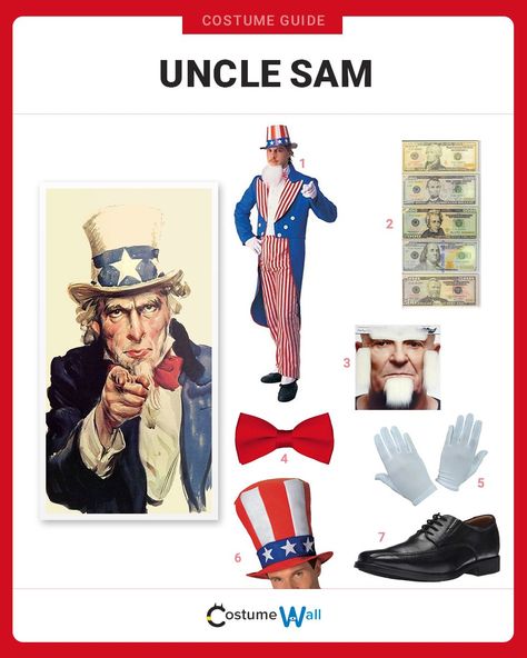 Show your love for America dressed up as Uncle Sam from the original poster created by J. M. Flagg. Uncle Sam Costume, Usa Costume, Got Costumes, Fake Beards, America Dress, Costume Guide, Diy Costume, Popular Stories, Cycle 3