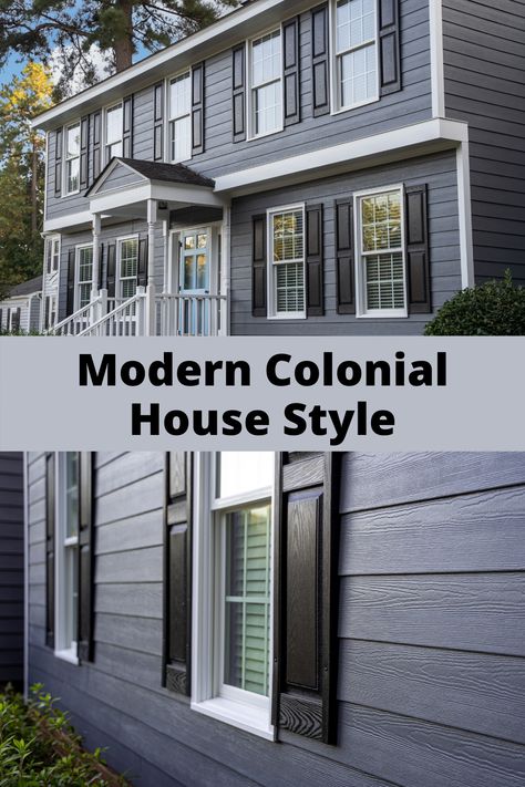 Discover how an exterior renovation with HardiePlank lap siding in Night Gray breathed new life into this Colonial-style house. Dark Grey Colonial House Exterior, Siding Colors For Colonial Houses, Colonial House Exterior Renovation, Exterior House Colors For Colonial Homes, Exterior Colonial Makeover, Modernize Colonial Exterior, Vinyl Siding Ideas Exterior Colonial, Remodel Colonial Home Exterior, Colonial House Siding Ideas