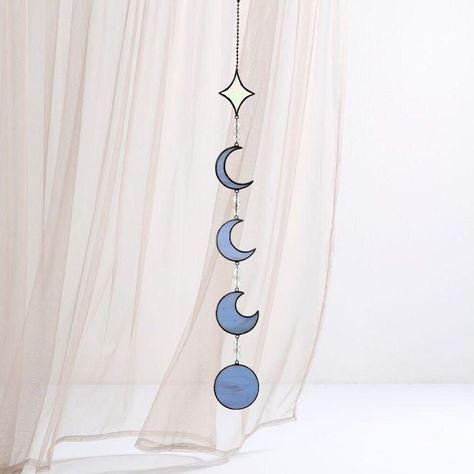 Stained Glass Moon Phases, Seaglass Suncatcher, Celestial Room Decor, Moon Phases Design, Celestial Home Decor, Celestial Home, Star Suncatcher, Crescent Moon And Star, Stained Glass Patterns Free