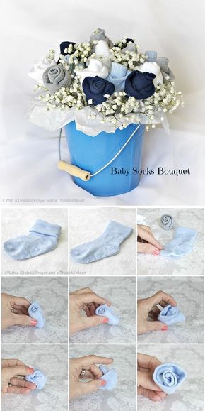 Baby Socks Flower Bouquet Tutorial - could use square boxes wrapped to look like baby blocs in place of pail for each table Baby Shower Ideas For Girls Decorations, Baby Socks Flowers, Baby Shower Mixto, Baby Socks Roses, Diy Baby Socks, Sock Bouquet, Baby Sock Bouquet, Bouquet Tutorial, Handmade Baby Shower Gift