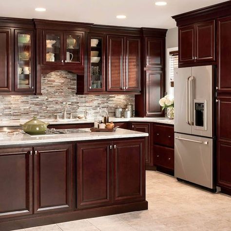 Kitchen Remodel Dark Cabinets, Cherry Wood Kitchen Cabinets, Cherry Wood Kitchens, Backsplash With Dark Cabinets, Kitchen Cabinet Inspiration, Trendy Kitchen Backsplash, Light Granite, Espresso Kitchen, Best Kitchen Design