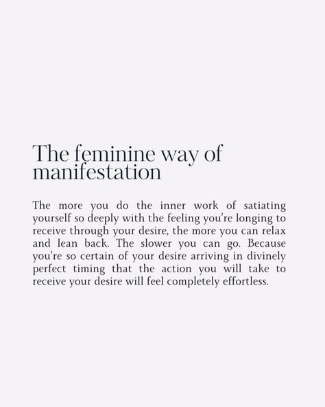 The feminine way of manifestation ↓ The divine feminine energy is one of the strongest forces in entire world. She moves in her own pace, she flows with Universe, she is receptive, she is her own muse ✨ You can easily manifest anything you want by tapping into your feminine by detaching yourself from any expectations, any thoughts or feelings that are not aligned with what you are manifesting. You know it’s already yours or something even better will come along.. DETACHMENT is key 🕊️ #ma... The Feminine Energy, Manifesting The Life I Want, Detachment Manifestation, Feminine Magnetism, Subconscious Mind Power, Health Book, Divine Feminine Energy, Manifest Anything, The Divine Feminine