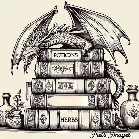 Dragon Book Aesthetic, Dragons And Castles, Dragon On Books Tattoo, Fantasy Book Drawing, Fantasy Book Art, Book Inspired Tattoos, Harry Potter Coloring Pages, Tattoo Zeichnungen, Harry Potter Drawings