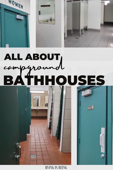 RV Campground Bathhouses 101. Ready to hit the showers? Here’s some tips, hacks, and gear to make your bathhouse experience a breeze! Campsite Bathroom, Camping Bathroom Ideas, Camp Bath House, Campground Bathroom Ideas, Rv Camp Site Set Up Ideas, Campground Bathroom, Shower Camping Hacks, Camping Bathroom Hacks, Public Shower Hacks