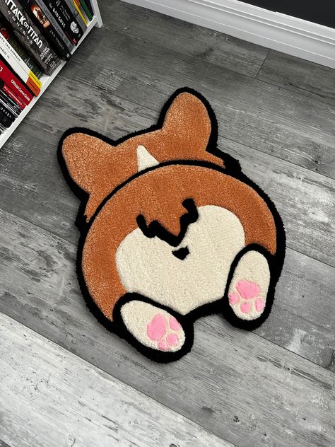 Introducing our handmade Corgi Butt floor rugs featuring a no-slip backing! These adorable rugs are the perfect addition to any home décor, adding warmth, comfort, and style to your living space. Crafted with care and attention to detail, our rugs are made using high-quality materials that are both durable and soft underfoot. The tufted design creates a plush, luxurious texture that feels great to walk on and adds a cozy, welcoming touch to any room. Measuring 16.5 inches by 22 inches (41.91 cm by 55.88 cm), this rug is the ideal size for placing in front of a door, bed, or fireplace, or using as a focal point in your living room or bedroom. The classic color scheme makes it easy to blend seamlessly with your existing décor, while the unique design adds a touch of fun and personality. Whet Girly Tufted Rug, Rug Tufting Workshop, Easy Tufted Rug Design, Cute Rug Ideas, Cute Tufted Rug, Cute Rug Tufting Ideas, Easy Tufting Ideas, Rug Tufting Ideas Easy, Tufting Workshop