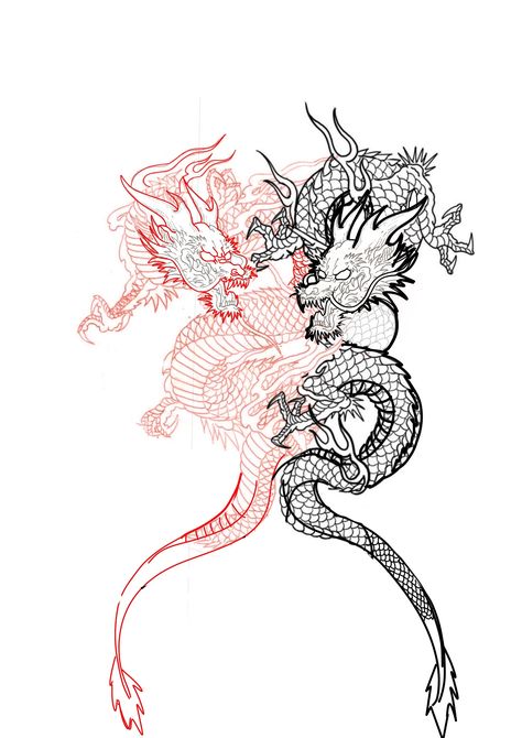 2 Dragons Tattoo Back, Double Headed Dragon Tattoo, Double Dragon Back Tattoo, Black And Red Dragon Tattoo, Two Dragons Tattoo, Red Dragon Back Tattoo, Japanese Dragon Tattoo Designs, Dragon Tattoo Outline, Red Dragon Tattoo