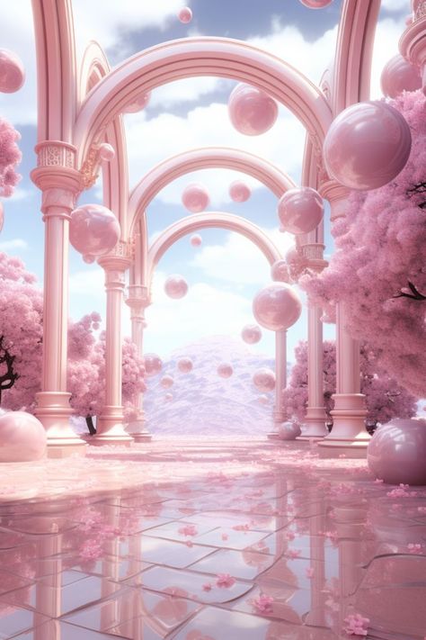 A dreamcore aesthetic background with a light pink vibe. Glossy pink cobblestone floor with a one-point perspective down the middle. You can see huge pink stone archways , floating pink plastic balls, and cherry blossoms on either side. The open sky can be seen through the archways as there are no walls or ceilings. Pink petals also are scattered across the floor. Light Pink Aesthetic, Illusion Photos, Award Poster, Dreamcore Aesthetic, Adobe Illustrator Design, Episode Backgrounds, Aesthetic Background, Cute Kawaii Drawings, Iphone Background Wallpaper