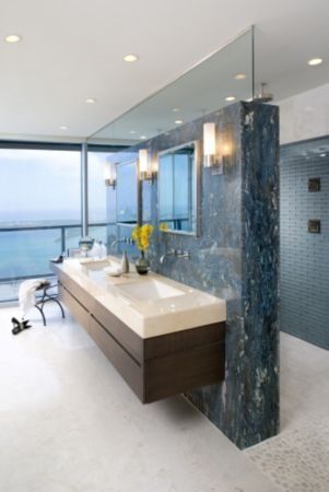 love the shower behind the vanity wall: Vanity On Shower Wall, Shower And Toilet Behind Vanity Wall, Hidden Shower Walk In, Shower Behind Vanity, Partial Wall, Open Plan Bathrooms, Lake House Bathroom, Penthouse Interior, Bathroom Floor Plans