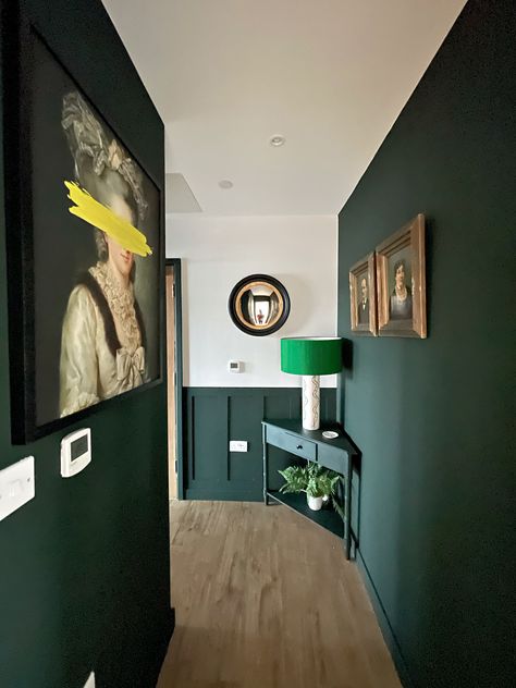 Dark Green Hallway Ideas Entrance Halls, Small Dark Green Office, Dark Corridor Ideas, Dark Green Entrance Hall, Green Paint Hallway Ideas, Dark Green Panelling Hallway, Emerald Green Hallway, Half Wall Paneling Ideas Living Room, Dado Rail Bedroom