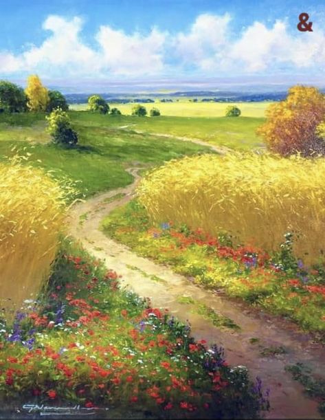 Paintings Of Fields, Fields Painting, Poppy Field Painting, Field Paintings, Painted Landscapes, View Painting, Colorful Landscape Paintings, Poppy Fields, Colorful Florals