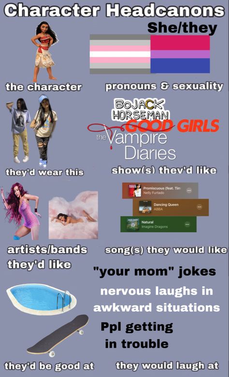 Character Headcanons, Nelly Furtado, Bojack Horseman, Music Taste, Mom Jokes, Imagine Dragons, Dancing Queen, Moana, Abba