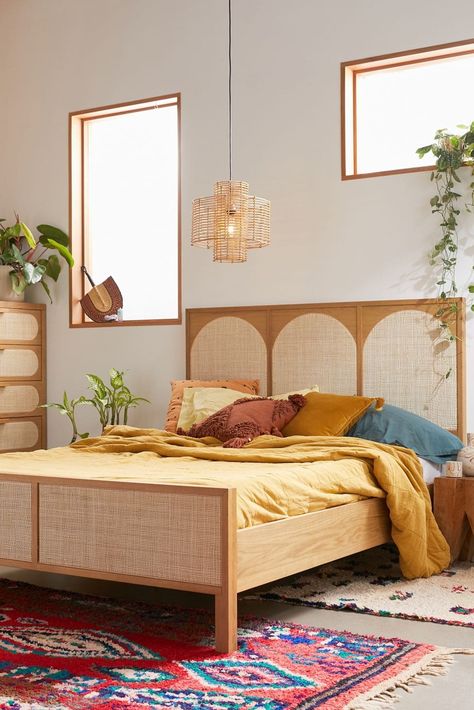 Looking to create a bohemian feel in your bedroom? One of the easiest ways to do so is with your bed. While there are many styles of boho beds, some o... | Go Retro with a Wood + Cane Bed Frame Tan Wood Bed Frame, Light Wood Bed Frame, Boho Bed Frame, Geometric Headboard, Bedroom Pieces, Rattan Bed, Rattan Headboard, Pinterest Contest, Beds And Headboards