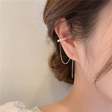 Pearl Ear Cuff, Ear Cuff Chain, Earring Cuff Chain, Ear Threader, Cartilage Jewelry, Ear Climbers, Earrings Pearl, Trendy Earrings, Threader Earrings