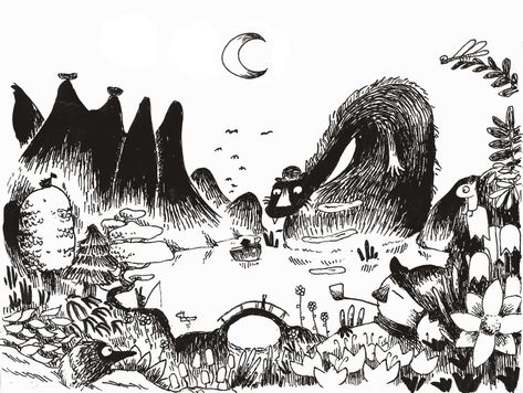 Moomin Art Illustration, Moomin Wallpaper Desktop, Moomin Background Desktop, Moomin Computer Wallpaper, Moomin Black And White, Moomin Wallpaper, Snufkin Illustration Tove Jansson, Moomin Books, Moomin Cartoon