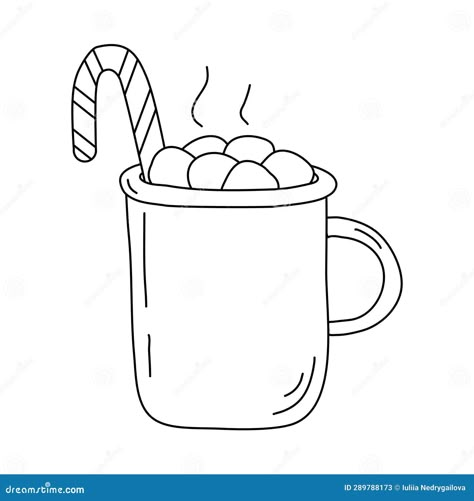 Cup with hot chocolate, marshmallow and candy cane, doodle style flat vector outline illustration for kids coloring book Hot Cocoa Drawing Easy, How To Draw Hot Chocolate, Hot Chocolate Mug Template, Mug Coloring Page, Hot Coco Coloring Page, Hot Cocoa Illustration, Hot Chocolate Sketch, Cup Of Hot Chocolate Drawing, Hot Chocolate Vector