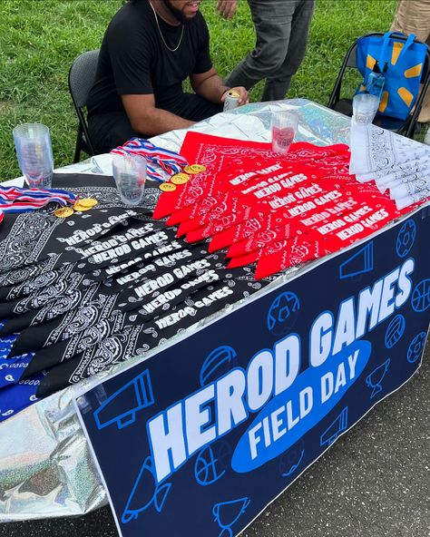 Adult field day for my birthday! I made custom bandanas and printed a banner! 2nd annual Herod Games! Field Day Decor, Field Day Adults, Field Day Birthday Party, Field Day Games For Adults, Adult Field Day, Field Day Games For Kids, Hosting Era, Field Day Games, 27th Birthday