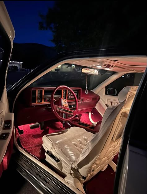 White leather, red interior Dark Red Car Interior, Red Velvet Car Interior, Red Leather Car Interior, Red And Black Car Interior Aesthetic, Red Car Decorations Interior, Red Car Interior Decor, Red Car Interior, Red Interior Car, Pink Car Interior