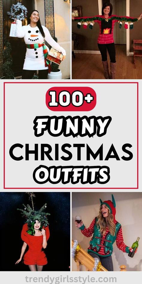 "Get ready to sleigh the season with 100+ Funny Christmas Outfit ideas! From hilariously ugly sweaters to quirky holiday costumes, these looks are guaranteed to bring laughter to your festivities. Perfect for parties, family gatherings, or just spreading cheer. Dive into the funniest and most festive fashion inspiration!" Womens Christmas Costume, Funny Christmas Party Outfits For Women, Funny Christmas Outfit Ideas, Crazy Christmas Outfits Diy, Homemade Christmas Costumes, Diy Christmas Outfit Funny, Team Christmas Dress Up Ideas, Funny Christmas Dress Up Ideas, Christmas Song Outfit Ideas