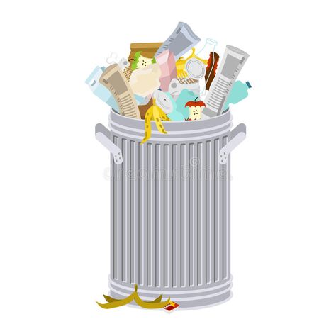 Trash can with Rubbish isolated. Wheelie bin with Garbage on white background. Dumpster iron. peel from banana and stub. Tin and royalty free illustration Free Illustrations, Trash Can, Stock Illustration, White Background, Vector Illustration, Royalty, Stock Images, Canning, White