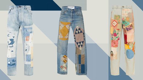 Patchwork Jeans Diy, Patched Jeans Diy, Upcycling Fabric, Embroidered Textiles, Recycled Outfits, Clothes Upcycle, College Outfits Summer, Bleached Jeans, Diy Clothes Videos