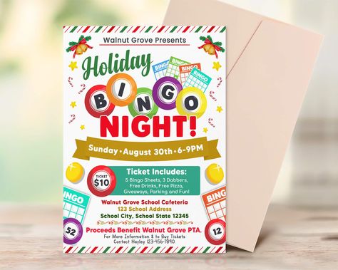 Template Game, Holiday Bingo, Fundraiser Event, Bingo Night, Bingo Sheets, Christmas Games For Family, School Cafeteria, Christmas Flyer, Gather Round