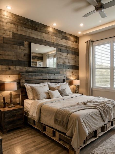 Create a stunning bedroom accent wall using DIY pallet wood. Pair it with a sleek platform bed and add some string lights to complete the rustic and cozy look. Diy King Bed Frame, Pallet Accent Wall, Bedroom Accent Wall, Beautiful Bedrooms Master, Western Bedroom, Bedroom Bliss, Accent Walls In Living Room, Bedroom Accent, Accent Wall Bedroom