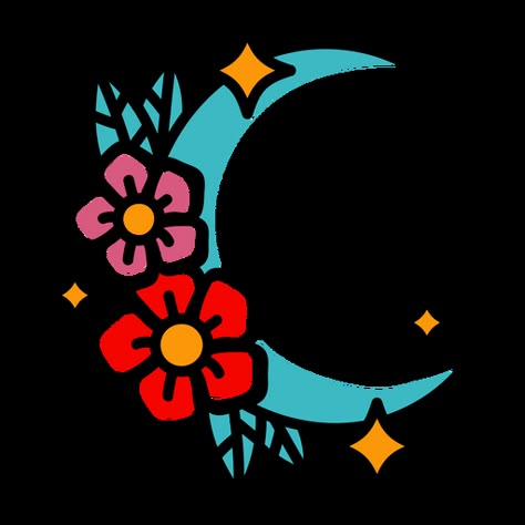 Sun Moon American Traditional, Moon And Stars Tattoo Traditional, American Traditional Inner Bicep Tattoo, Traditional Tattoo Design Color, Moon Flower Painting, Traditional Style Moon Tattoo, Traditional Planet Tattoo, Moon American Traditional Tattoo, Traditional Tattoos Simple