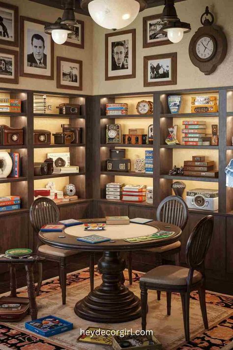 35+ Unique Board Game Room Ideas - Hey Decor Girl [Latest Trending Decor Design Ideas] Fun Game Room Ideas Basements, Best Basement Game Room, Tavern Style Game Room, Basement Board Game Room Ideas, Board Game Interior Design, Game Room Table Decor, Family Game Room Decor, Game Room Mood Board, Game Tables In Basement