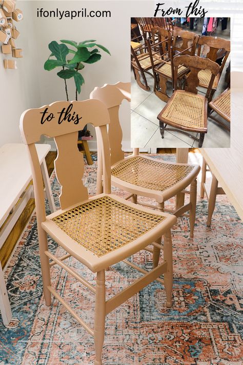 How to refinish old furniture without sanding {cane dining chairs thrift flip} - If Only April Cane Chairs Dining, Refinish Old Furniture, Caned Dining Chairs, Refurbished Chairs, Dining Chair Makeover, Sand Chair, Upcycle Chair, Cane Dining Chairs, Diy Furniture Flip