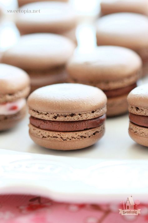 Chocolate Macarons with Chocolate Buttercream and Cherry Buttercream Filling Recipes | Sweetopia Cherry Buttercream, Powdered Sugar Icing, Chocolate Macarons, Macaron Filling, Chocolate Macaroons, Chocolate Macaron, Macaron Cookies, Happy November, Sugar Icing