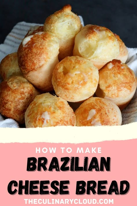 This Brazilian cheese bread is easy to make and delicious. Crispy on the outside and gooey on the inside. Did I mention it’s also gluten-free? This bread will have you coming back for more. Cheese / Brazilian / Cheddar / Tapioca starch / Vegetarian / Recipe / Gluten-free Types Of Breads, Brazilian Cheese Bread, Cheese Roll, Cheesy Bread, Tapioca Flour, Simply Recipes, Brazilian Food, Breads And Rolls, Cheese Bread