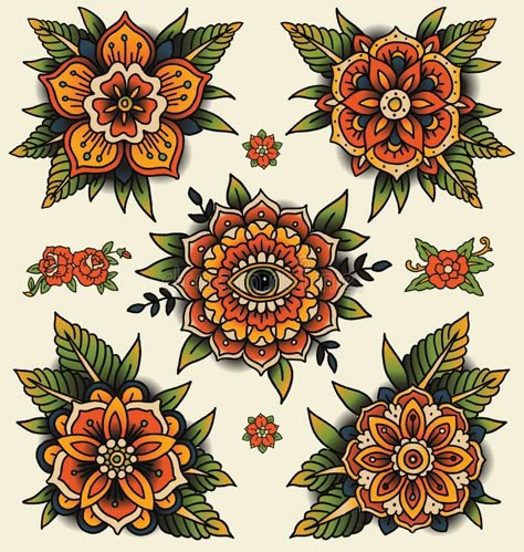 Traditional Tattoo Flower, Traditional Tattoo Vector, Traditional Mandala Tattoo, Flowers Types, Mandala Flower Tattoos, Traditional Tattoo Flowers, Flower Types, Traditional Style Tattoo, Tattoo Flowers