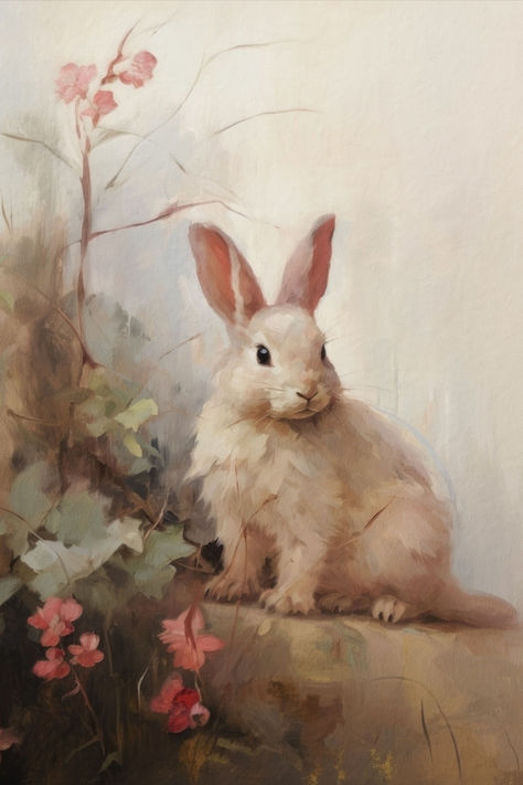 A neutral tone painting of a bunny rabbit sitting near the flowers and plants. Tone Painting, Rabbit Sitting, Bunny Painting, Rabbit Painting, Bunny Drawing, Fairytale Illustration, Vintage Bunny, Cute Paintings, Rabbit Art