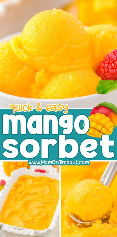 This refreshing Mango Sorbet recipe is made with just a handful of ingredients and is the perfect way to cool off this summer! Bursting with the sweet, tropical flavors of juicy mangos, this refreshing frozen treat can be whipped up quickly and easily. Ditch the store-bought options and dive into the pure, refreshing taste of homemade mango sorbet! | MomOnTimeout.com Mango Sorbet Recipe, Adorable Desserts, Homemade Sorbet, Slow Cooker Appetizers, Sorbet Is, Asian Dish, Sorbet Recipe, Mom On Timeout, Freezing Food