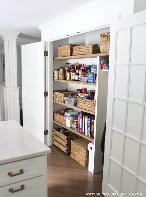 How To Organize A Reach-In Pantry | Our New Pantry Closet & A Super Easy DIY! - Shine Your Light Reach In Pantry, Small Pantry Closet, Pantry Renovation, Pantry Closet Design, Wood Risers, Deep Pantry, Built In Pantry, Pantry Remodel, Pantry Makeover