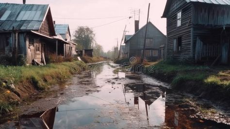 High water in the village.Flooding of houses and villages stock photos Run Down Village, Vector Typography, High Water, The Village, Stock Illustration, Insurance, Typography, Stock Photos, Water