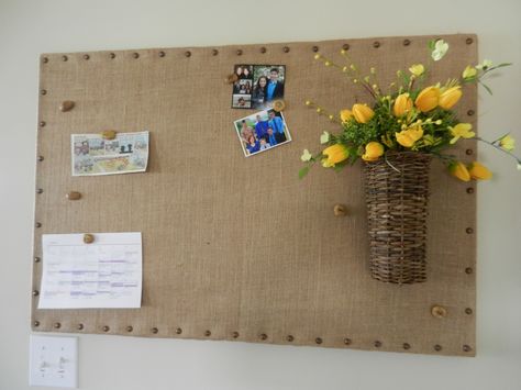 Copied DIY Burlap Bulletin Board.  So easy and love the upholstery nails and basket I added, which I can change out the flowers seasonaly. Burlap Bulletin Board Ideas, Burlap Bulletin Boards, Diy Jewelry Organizer, Diy Bulletin Board, Church Bulletin Boards, Upholstery Nails, Cork Boards, Bulletin Board Ideas, Diy Burlap