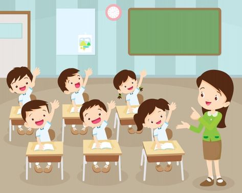 Students hand up in classroom | Premium Vector #Freepik #vector #school #people #kids #hand Teacher Teaching Students, Word Games For Kids, Teacher Images, Student Images, Back To School Stationery, Teacher Cartoon, Student Cartoon, Teaching Profession, School Chalkboard