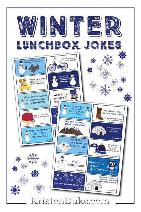 Winter Jokes. Fun printable jokes to leave in lunchboxes. My kids love this! www.kristenduke.com #lunchboxnotes #printable #parenting Winter Jokes For Kids, Winter Jokes, Family Fun Ideas, New Year Jokes, Kids Lunch Box Notes, Winter Lunch, Lunchbox Jokes, Lunch Notes, Christmas Jokes