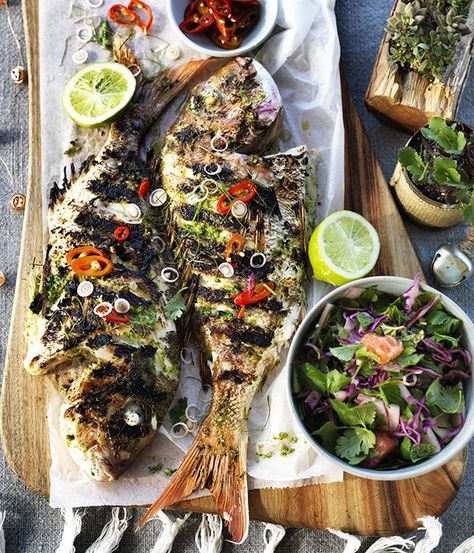 Whole Fish Recipes, Bbq Fish, Whole Fish, Lime Leaves, Grilled Fish, Baked Fish, Bbc Good Food Recipes, Barbecue Recipes, Chef Recipes