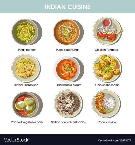 Indian cuisine traditional dishes flat Royalty Free Vector Traditional Indian Plates, Chicken Tandoori, Rice And Vegetables, Culinary Cooking, Food Types, Food Infographic, Curry Rice, Foreign Food, Traditional Dishes